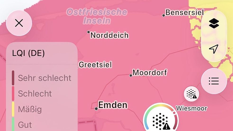 „Luftqualität: schlecht“ heißt es in Wetter-Apps für Ostfriesland. Woran liegt das? Screenshot: Rilana Kubassa
