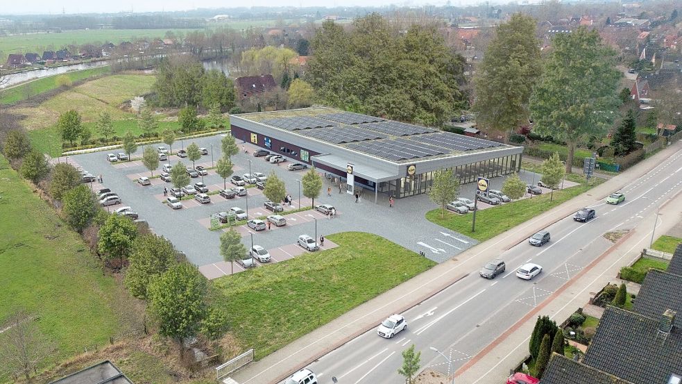 So soll gebaut werden: der neue Lidl-Markt an der Uphuser Straße in Wolthusen. Fotomontage: Stadt Emden