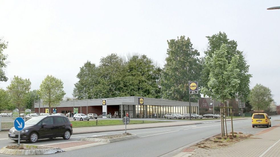 Als hätte der Markt dort schon immer gestanden: die Lidl-Montage auf der grünen Wiese. Fotomontage: Stadt Emden