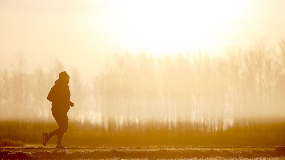 Ein Jogger ist am Morgen im Gegenlicht der Sonne unterwegs, während sich der Himmel durch Saharastaub gelb verfärbt hat. Der Saharastaub wird in den kommenden Tagen für farbenprächtige Sonnenauf- und untergänge sorgen. Foto: Thomas Warnack/dpa