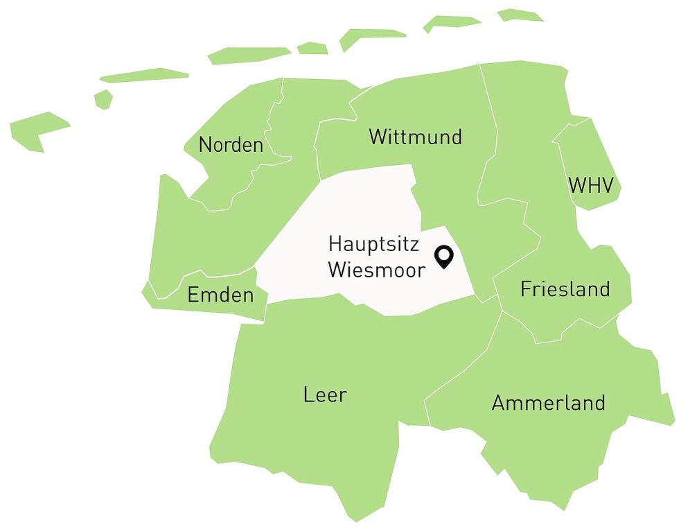 Wiesmoor liegt mitten im Zentrum des Einsatzgebiets: Der Maschinenring Nordwest ist zuständig für die Landkreise Ammerland, Friesland, Leer und Wittmund sowie den Altkreis Norden bis in die Städte Emden und Wilhelmshaven. Grafik: Maschinenring Nordwest
