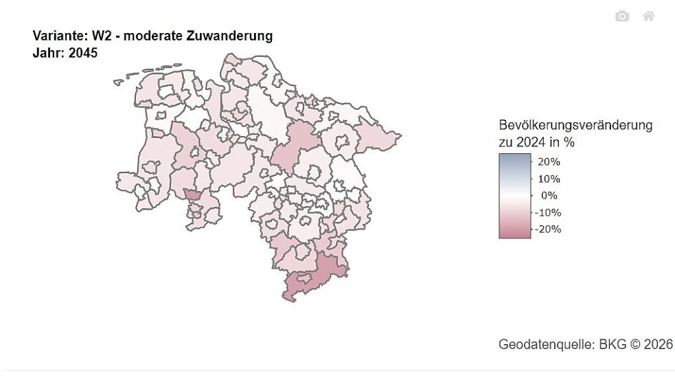 Niedersachsen verliert insgesamt an Bevölkerung. Die Karte zeigt, wie unterschiedlich hoch der Verlust in den verschiedenen Regionen ist: Je dunkler das Rosa, desto stärker sinkt die Einwohnerzahl. Grafik: Statistisches Landesamt