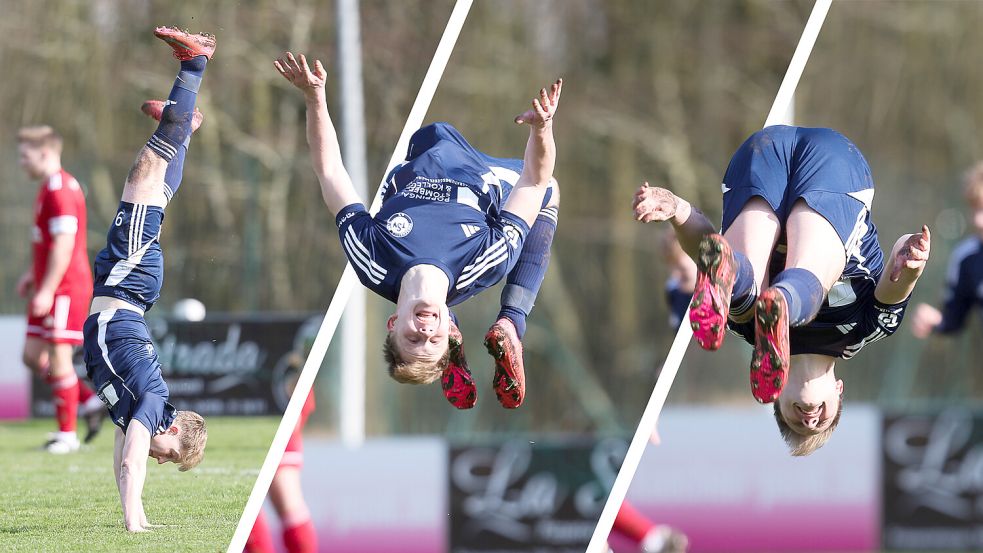 Mit einem Radschlag beginnt Jannes Popp seinen Jubel. Die Saltos auf dem Fußballplatz vollendet Jannes Popp im sicheren Stand. Foto: Jens Doden, Emden; Collage: Max Assing
