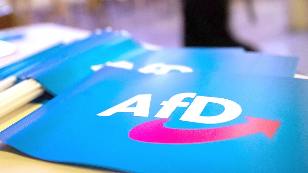 Fähnchen der Partei AfD liegen auf einem Tisch. In Emden gab es bislang bei Kommunalwahlen keine Kandidaten der in Teilen als gesichert rechtsextremistisch eingestuften Partei. Jetzt ändert sich das. Symbolfoto: Daniel Karmann/dpa