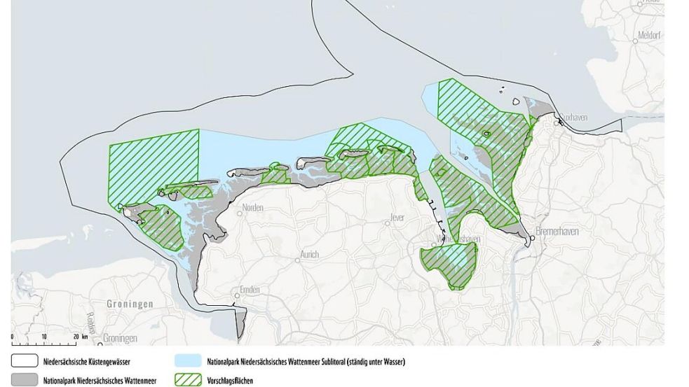 Der Vorschlag des WWF (grün) für fischereifreie Flächen. Hellblau sind die Wasserflächen des Nationalparks, grau die trockenfallenden Bereiche. Grafik: WWF