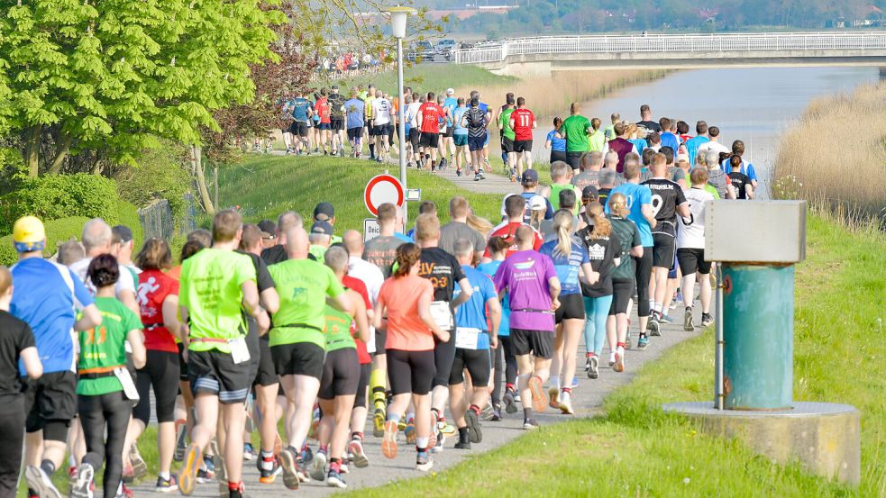 Wie im Jahr 2024 startet der Ossiloop in Bensersiel. Auf den ersten Kilometern geht es über den Deich. Archivfoto: Klaus Ortgies