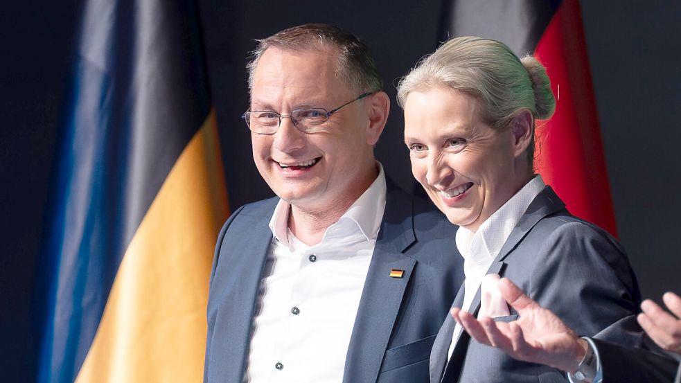 Sind sie die lachenden Dritten? Die AfD-Chefs Tino Chrupalla und Alice Weidel. Foto: Silas Stein/dpa