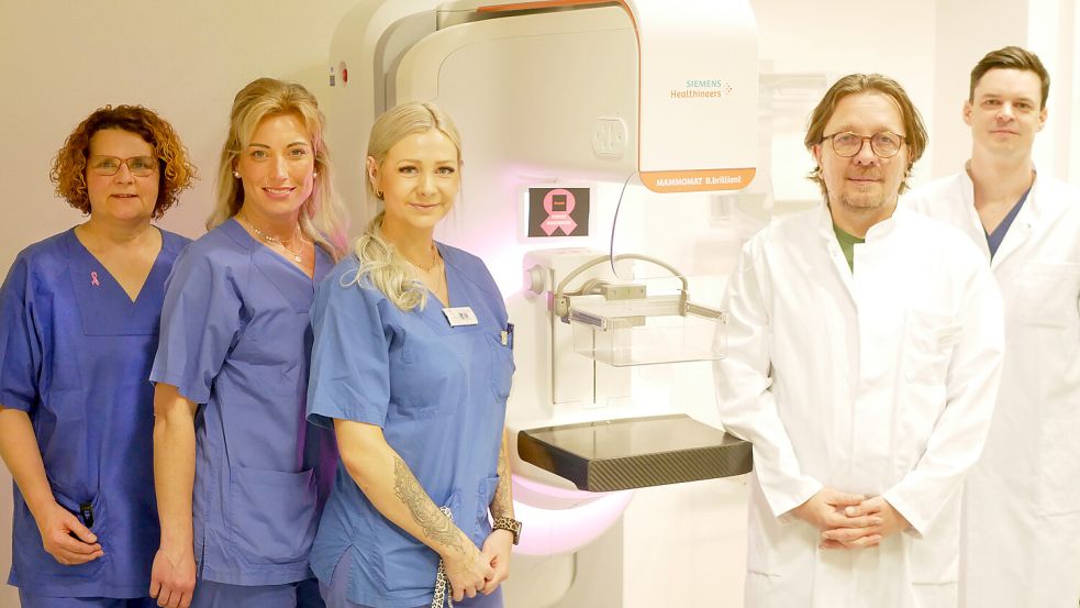 Edda Scharf (MTA, von links), Kathrin Grünfeld (MTA), Kristina Hoffmann (MTA), Dr. Andrei Tropine (Chefarzt) und Steffen Bobka (Leitender Oberarzt) freuen sich über die neuen Diagnostikmöglichkeiten. Foto: Trägergesellschaft