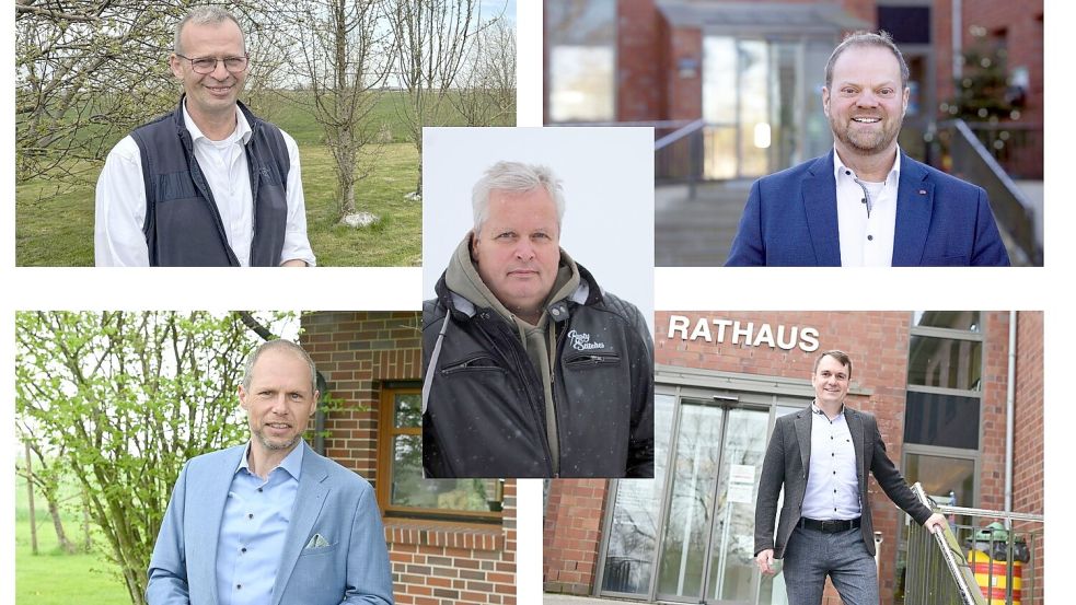Roelf Odens (oben links, im Uhrzeigersinn), Heiko Ringena, Matthias Arends, Johannes Booken und Jan Hillebrand wollen Bürgermeister in der Krummhörn werden. Fotos: Heinz Wagenaar/Hannah Weiden/Privat