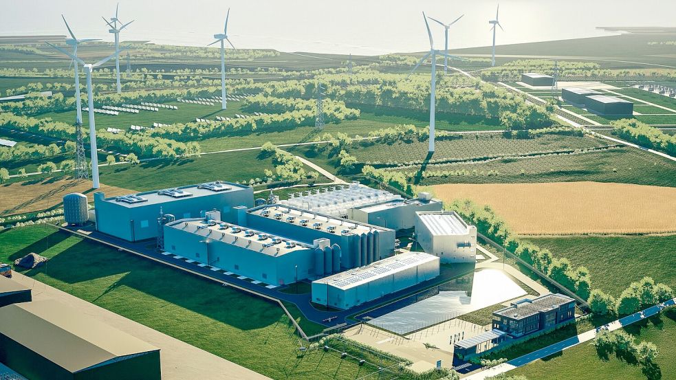 So soll der Elektrolyseur in Emden, der derzeit gebaut wird, aussehen. Dort wird ab 2027 grüner Wasserstoff im industriellen Maßstab erzeugt und ins Netz eingespeist. Foto: EWE