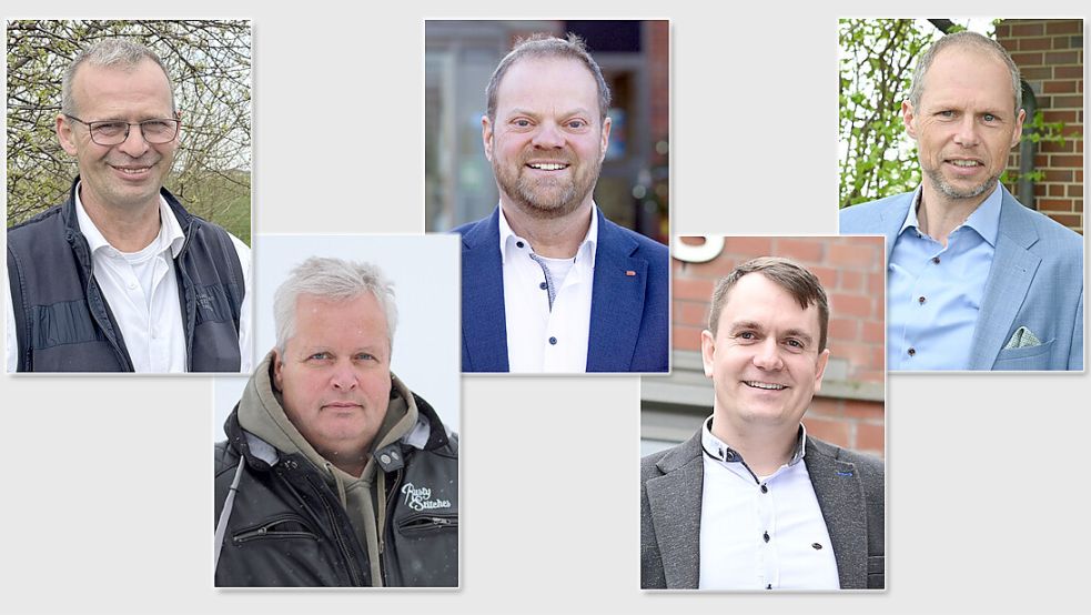 Diese fünf Männer wollen Bürgermeister der Gemeinde Krummhörn werden. Fotos: Heinz Wagenaar/Hannah Weiden/Privat
